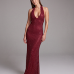Sukienka maxi z cekinami – bordowa z głębokim dekoltem halter – zdjęcie 1