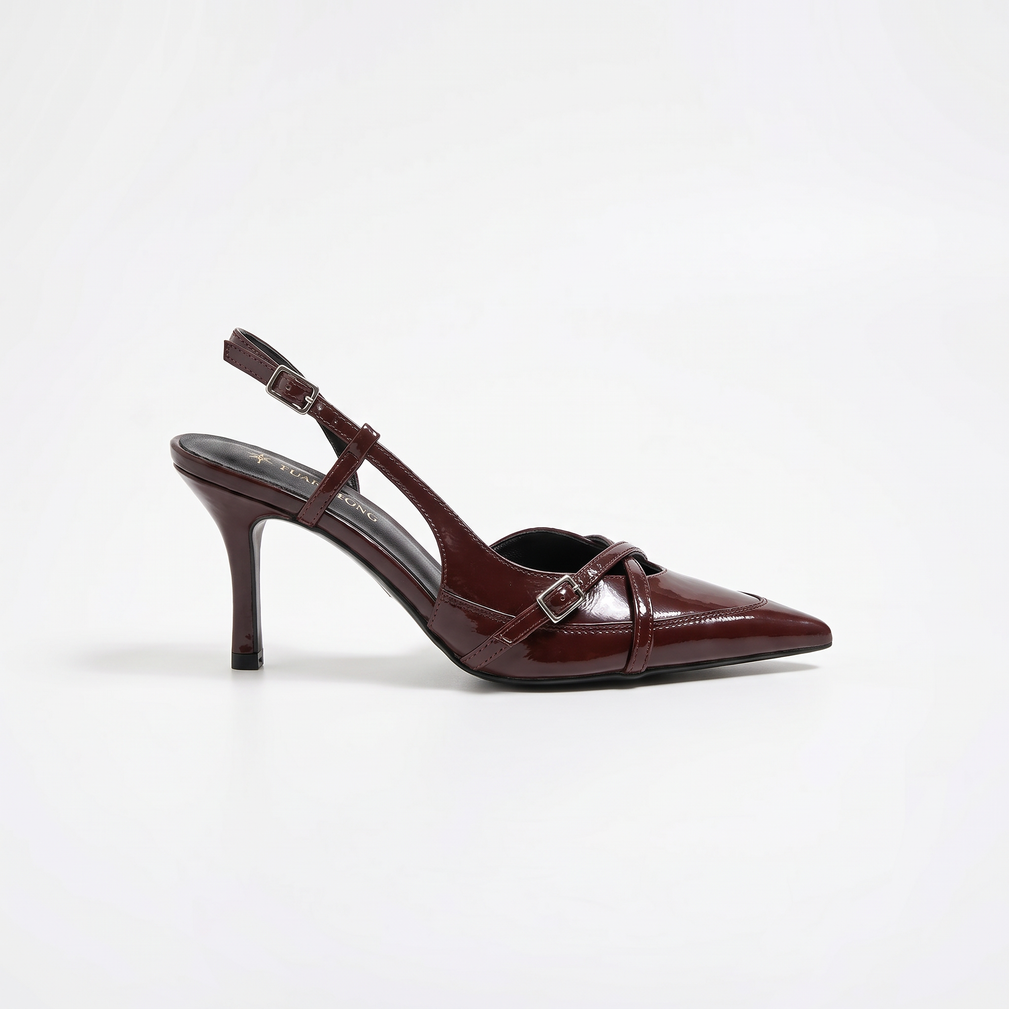 Czółenka slingback na niskim obcasie – bordowe, skrzyżowane klamry – zdjęcie 2