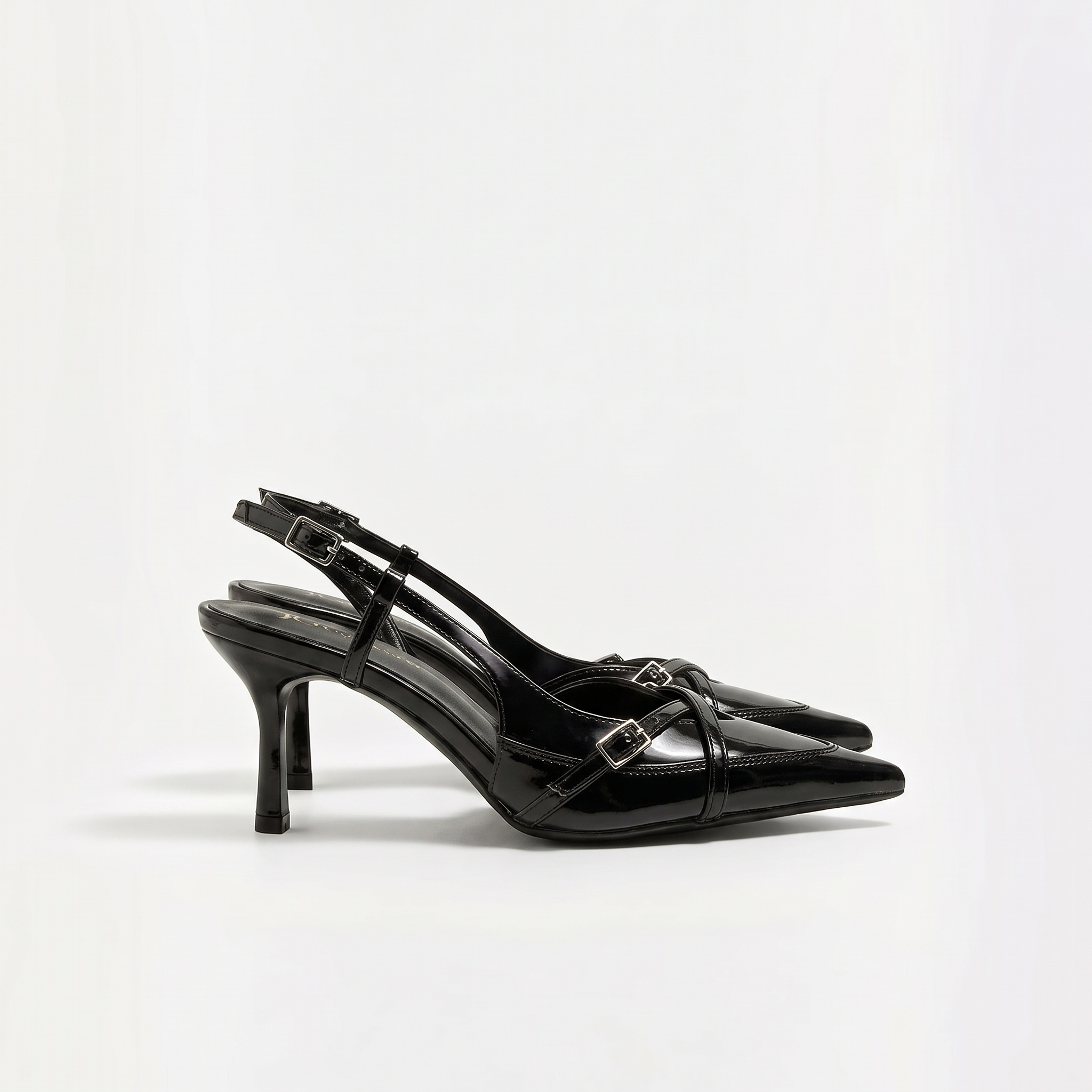 Damskie czółenka slingback na niskim obcasie – czarne, szpic – zdjęcie 3