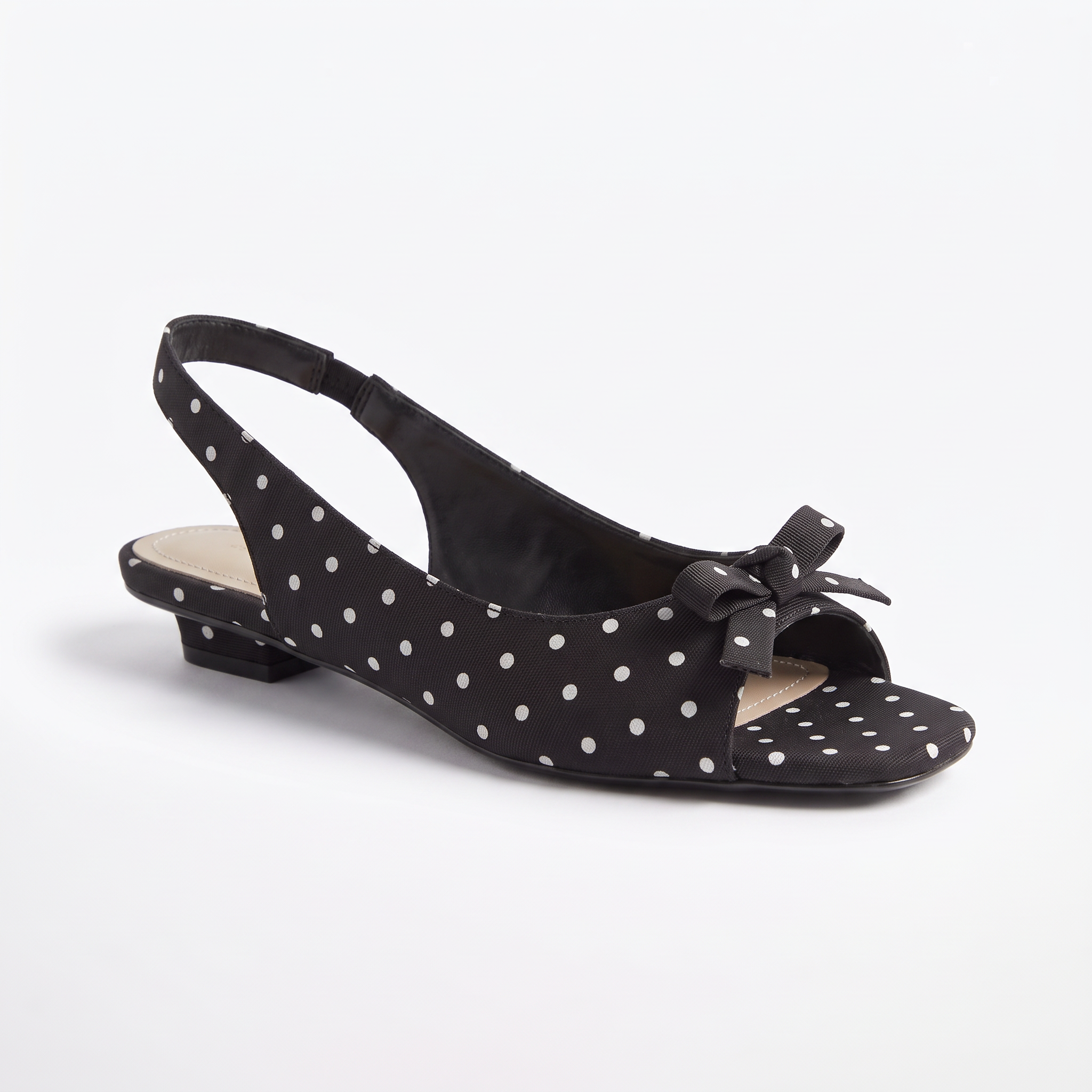Damskie sandały peep toe w groszki – czarne z kokardą – zdjęcie 1