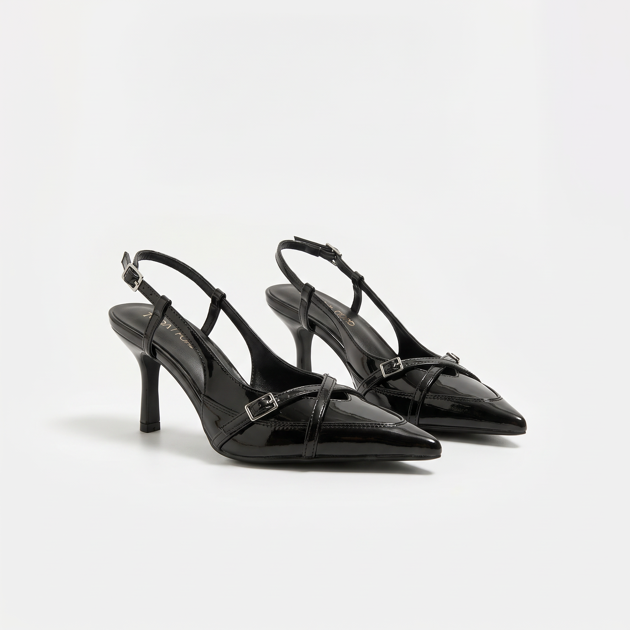 Damskie czółenka slingback na niskim obcasie – czarne, szpic – zdjęcie 1