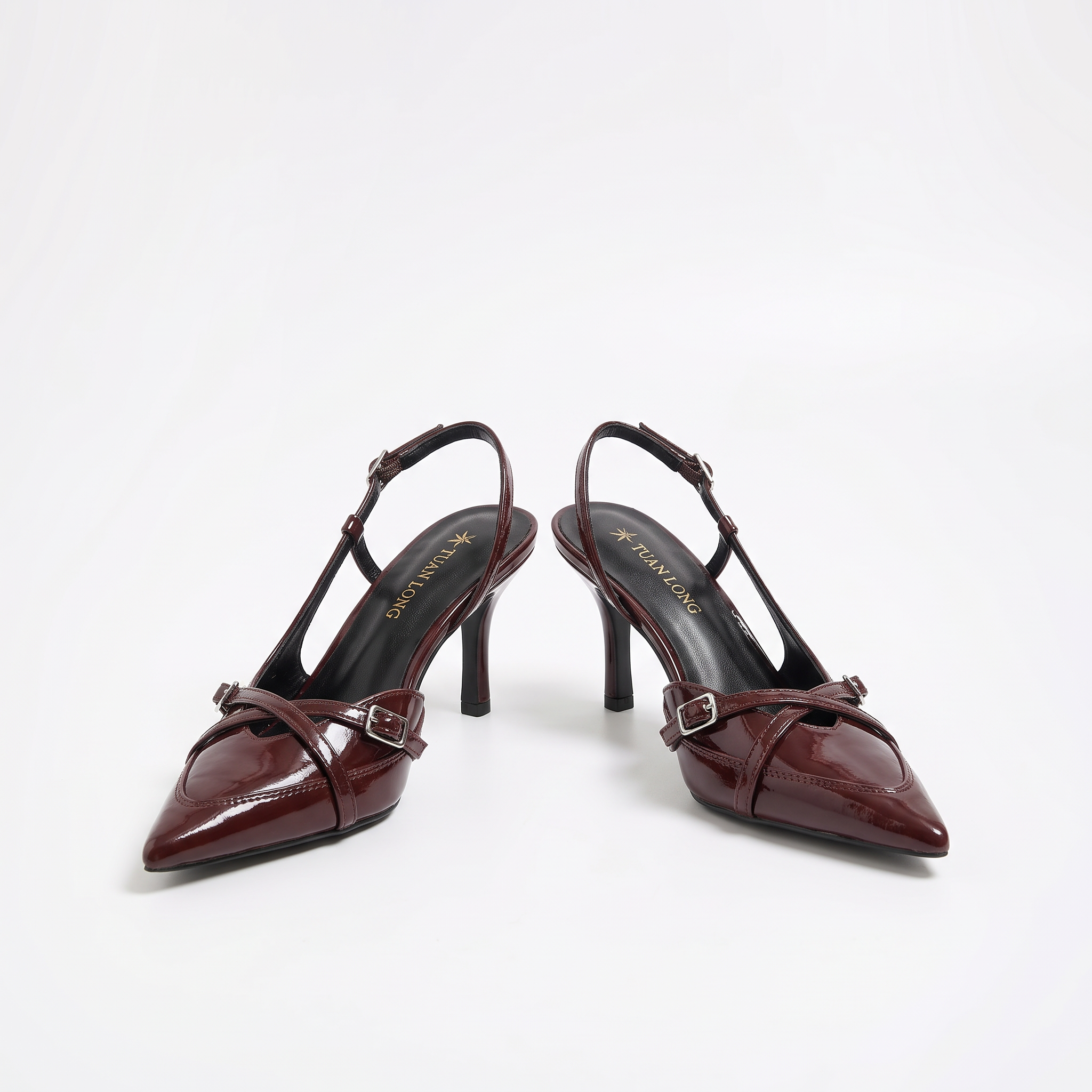 Czółenka slingback na niskim obcasie – bordowe, skrzyżowane klamry – zdjęcie 3