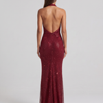 Sukienka maxi z cekinami – bordowa z głębokim dekoltem halter – zdjęcie 4