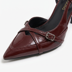 Czółenka slingback na niskim obcasie – bordowe, skrzyżowane klamry – zdjęcie 5