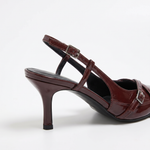 Czółenka slingback na niskim obcasie – bordowe, skrzyżowane klamry – zdjęcie 6