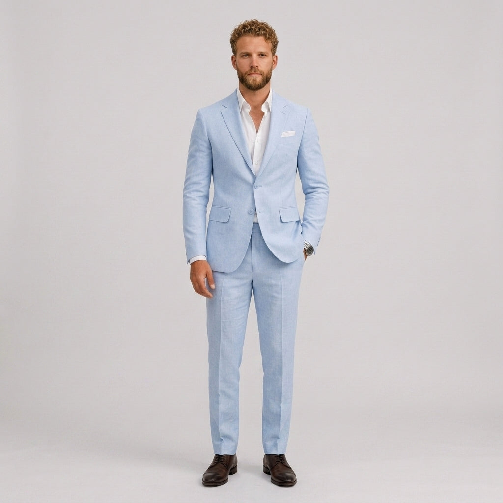 Męski garnitur lniany slim fit – elegancki krój na letnie okazje – zdjęcie 1