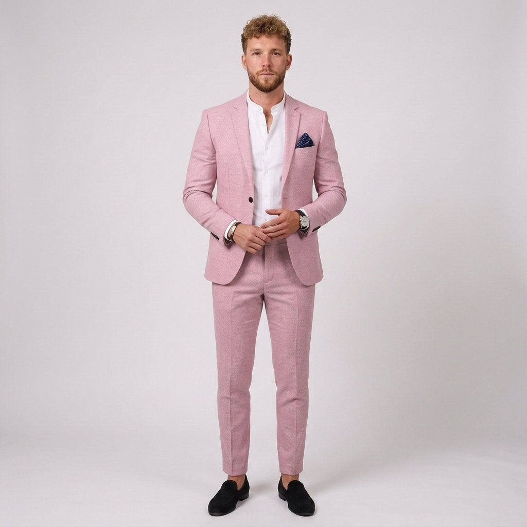 Męski garnitur lniany slim fit – marynarka i zwężane spodnie – Różowy