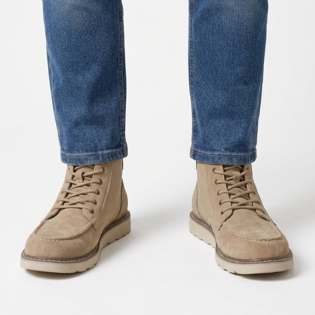 Męskie buty za kostkę moc toe – zamszowe wykończenie, biała podeszwa – Beżowy