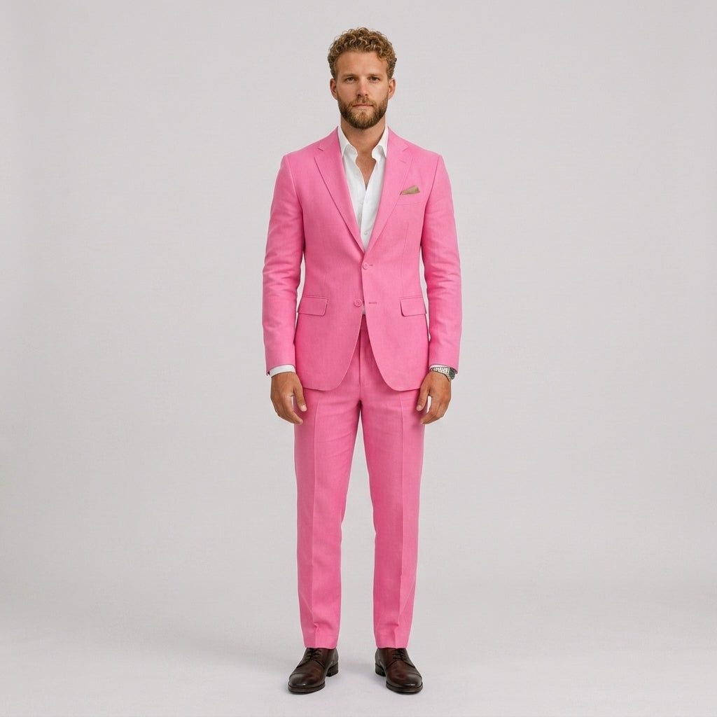 Męski garnitur lniany slim fit – elegancki krój na letnie okazje – Jaskraworóżowy