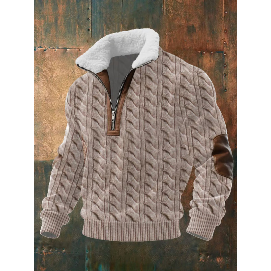 Męski sweter polarowy z wysokim kołnierzem – podszyty kołnierz – Jasnobrązowy