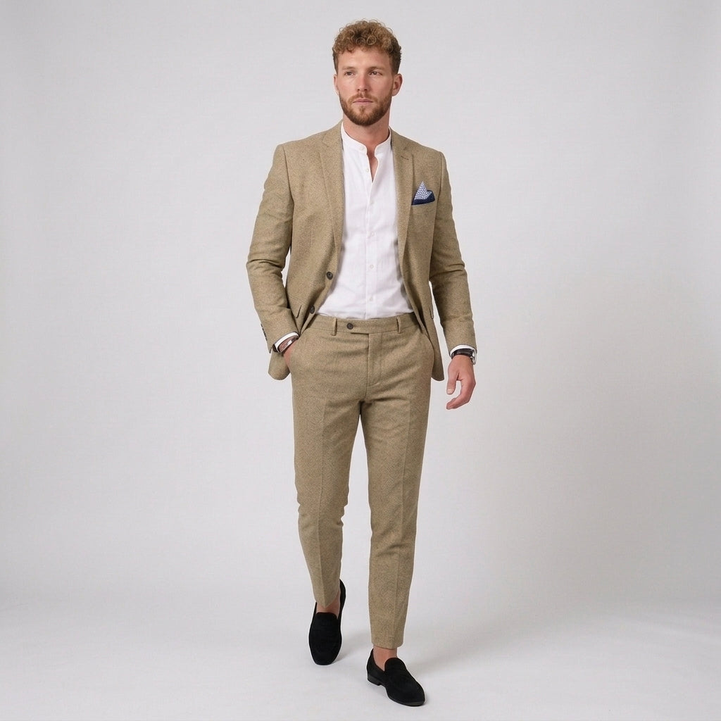Męski garnitur lniany slim fit – marynarka i zwężane spodnie – Khaki