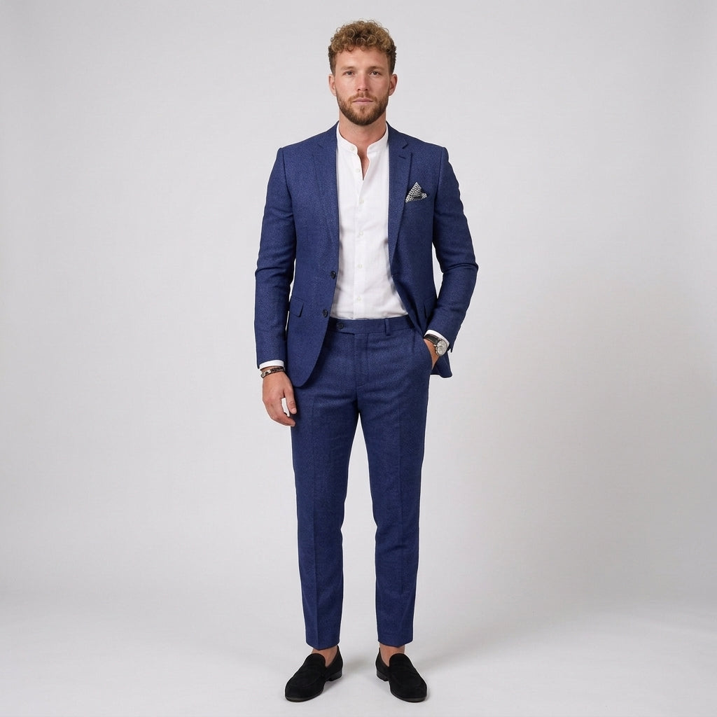 Męski garnitur lniany slim fit – marynarka i zwężane spodnie – Granatowy