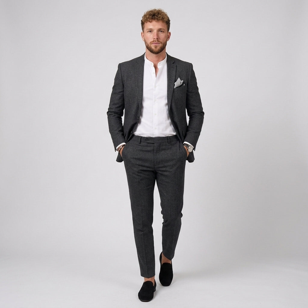 Męski garnitur lniany slim fit – marynarka i zwężane spodnie – Jasnoszary