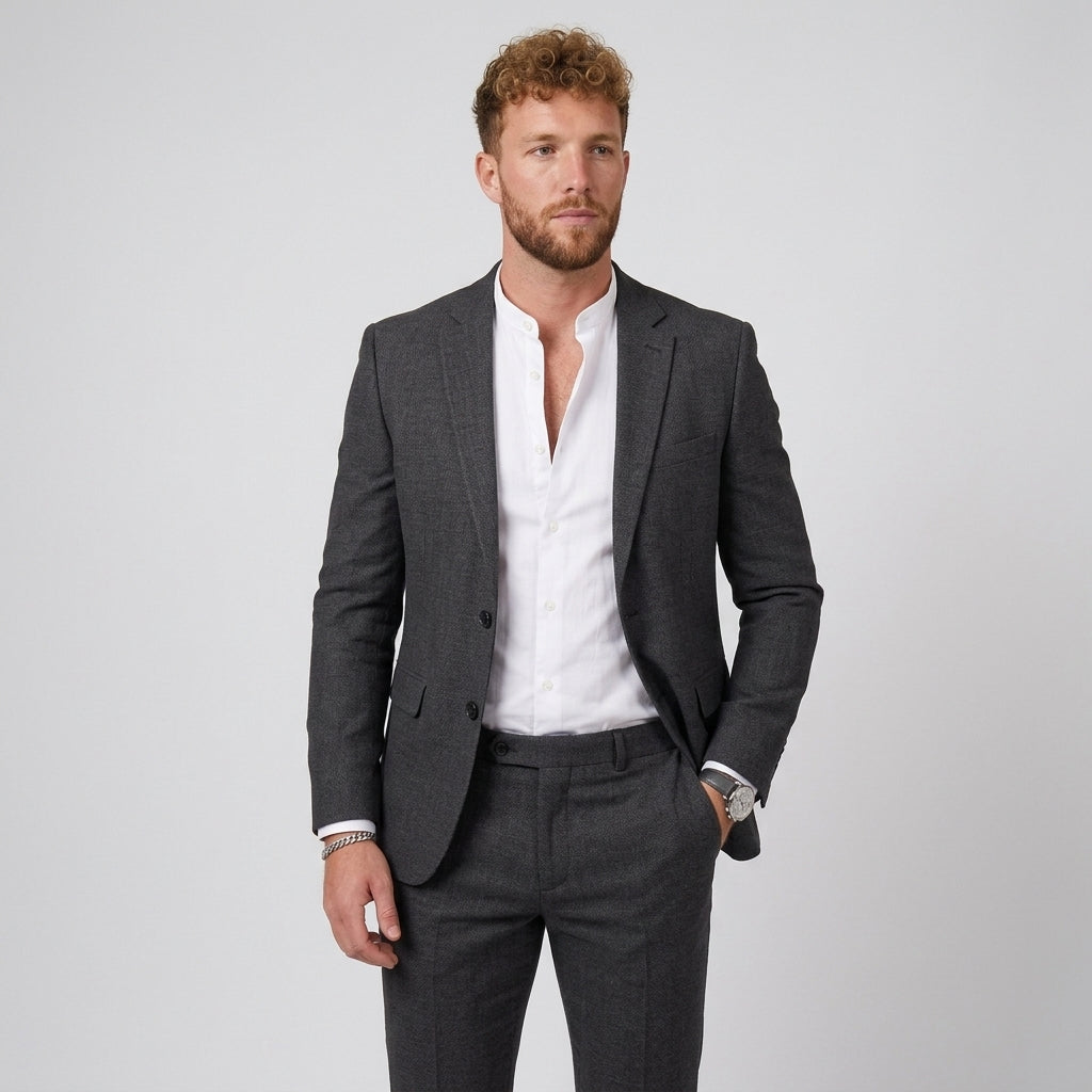 Męski garnitur lniany slim fit – marynarka i zwężane spodnie – Czarny