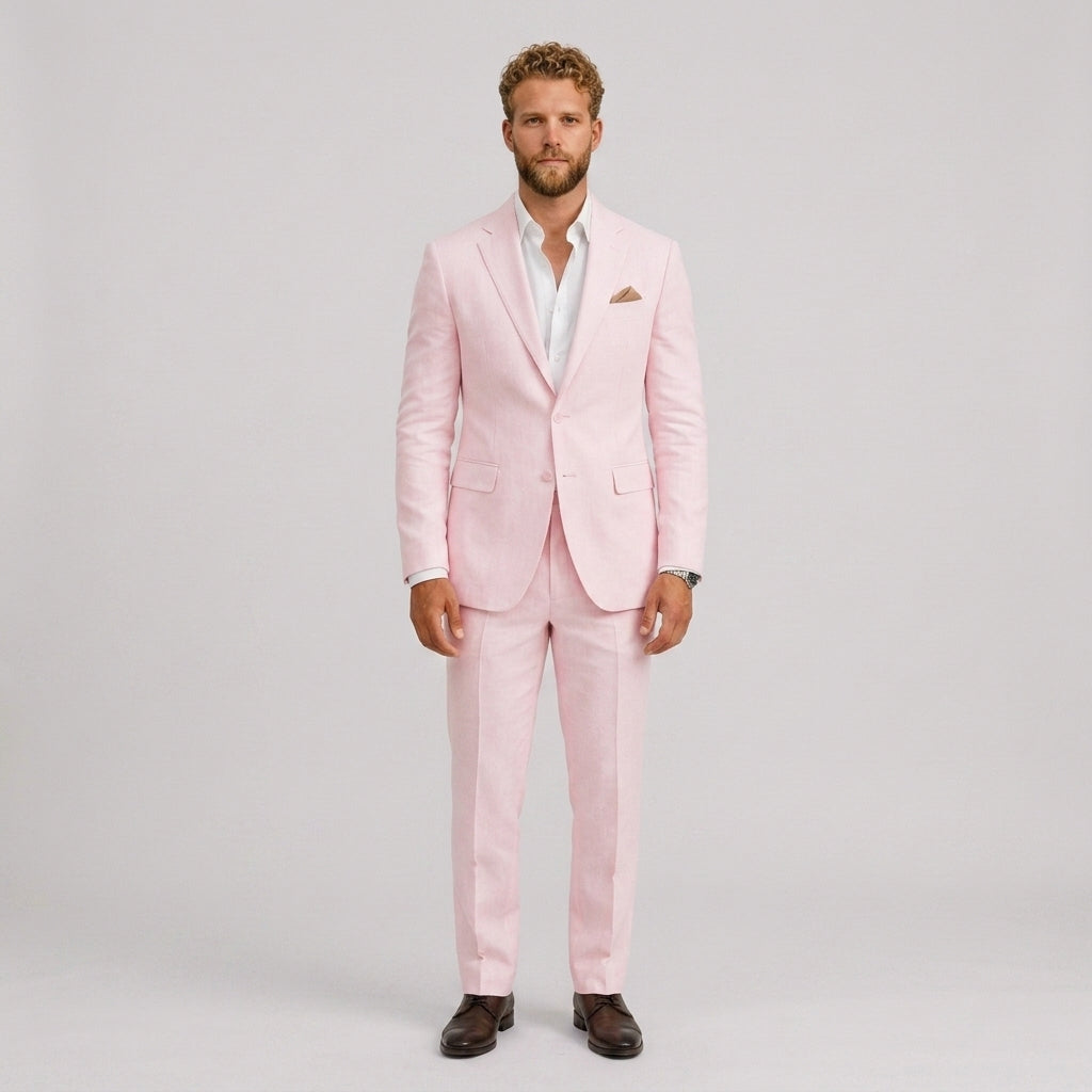 Męski garnitur lniany slim fit – elegancki krój na letnie okazje – Jasnoróżowy