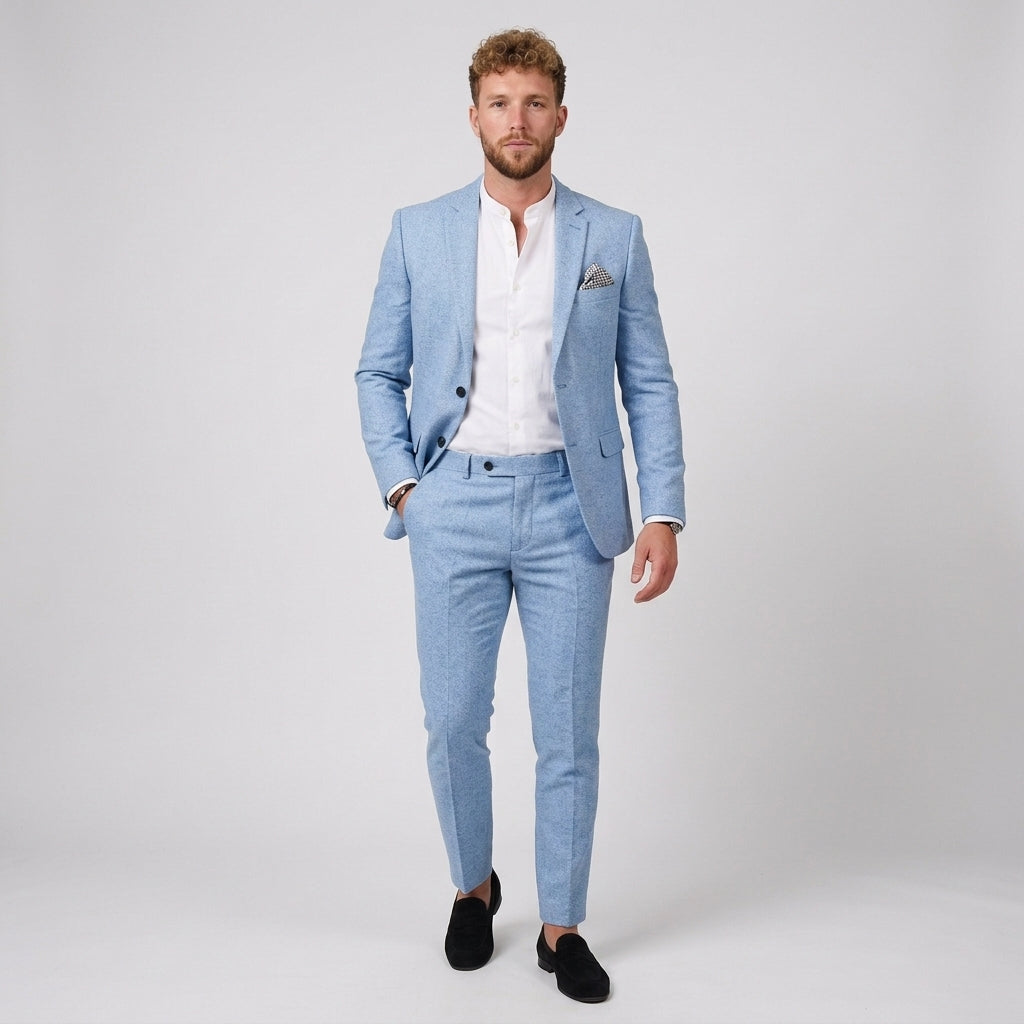 Męski garnitur lniany slim fit – marynarka i zwężane spodnie – Błękitny