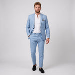 Męski garnitur lniany slim fit – marynarka i zwężane spodnie – Błękitny