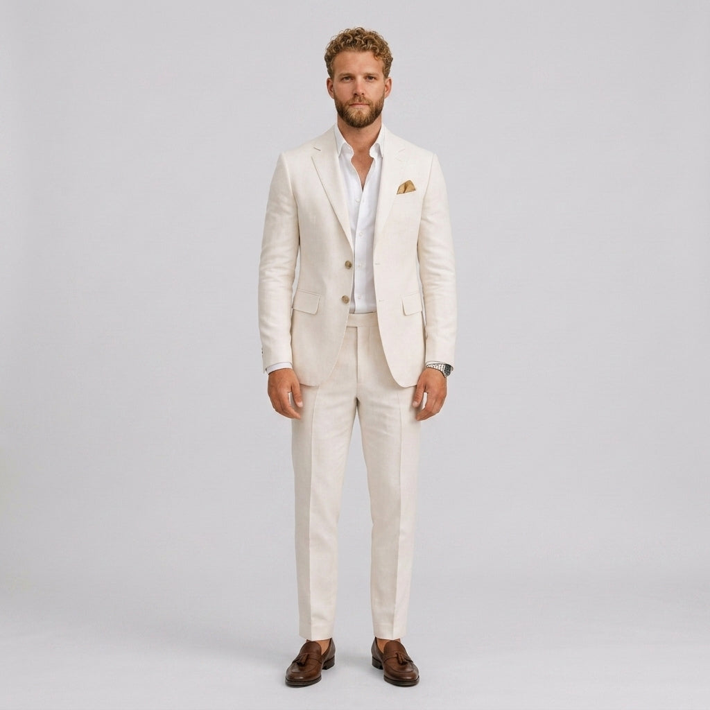 Męski garnitur lniany slim fit – elegancki krój na letnie okazje – Kość słoniowa