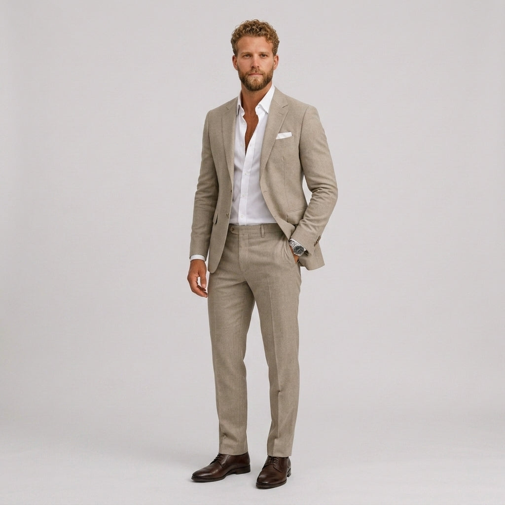 Męski garnitur lniany slim fit – elegancki krój na letnie okazje – Szarobrązowy