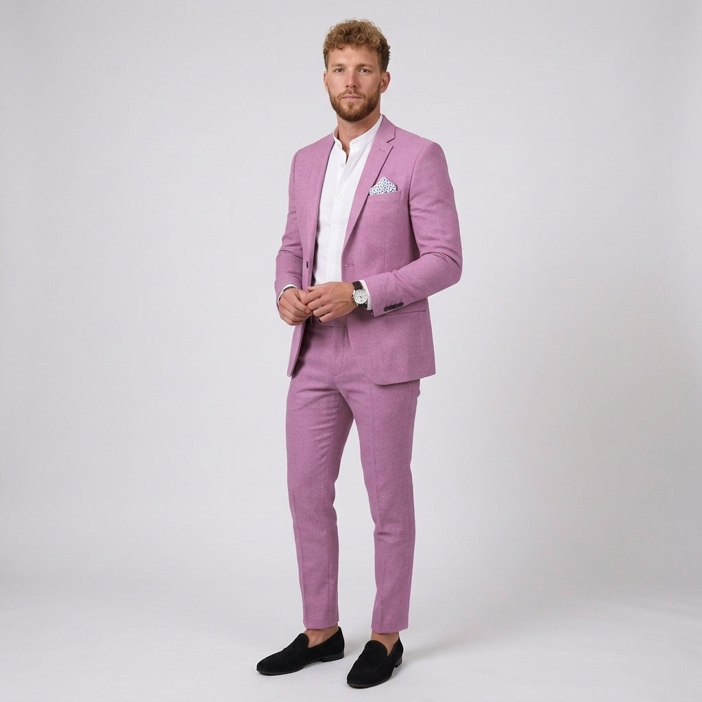 Męski garnitur lniany slim fit – marynarka i zwężane spodnie – Fioletowy