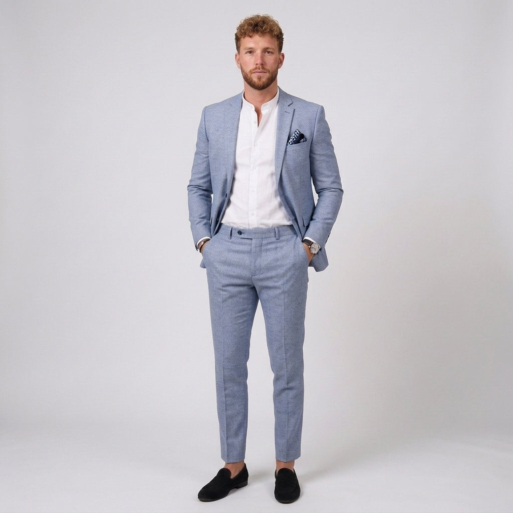 Męski garnitur lniany slim fit – marynarka i zwężane spodnie – Jasnoniebieski