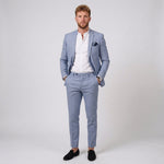 Męski garnitur lniany slim fit – marynarka i zwężane spodnie – Jasnoniebieski