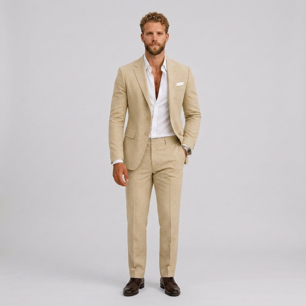 Męski garnitur lniany slim fit – elegancki krój na letnie okazje – Beżowy
