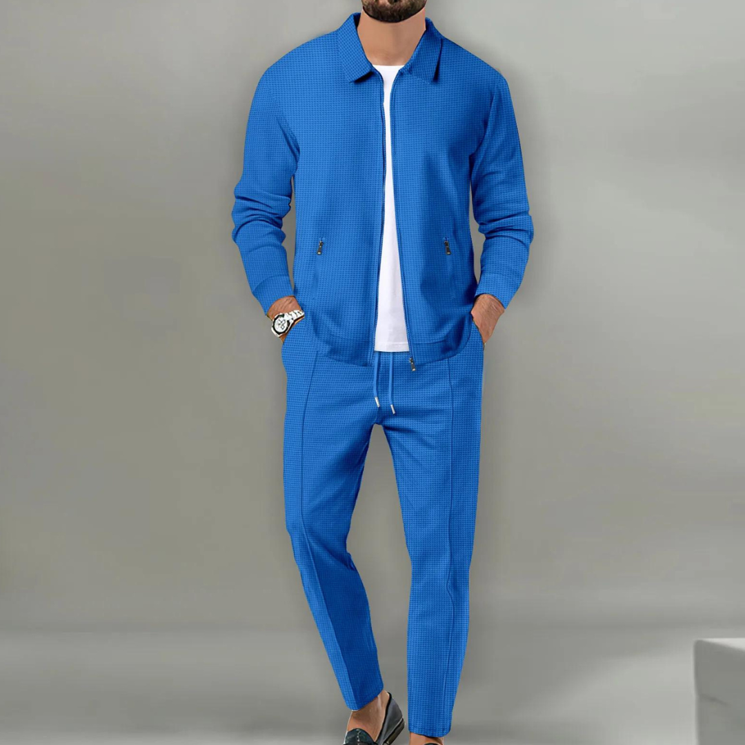 Męski dres dwuczęściowy – bluza i spodnie z kieszeniami na zamek – Niebieski