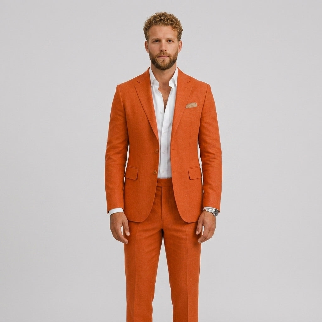 Męski garnitur lniany slim fit – elegancki krój na letnie okazje – Rdzawy