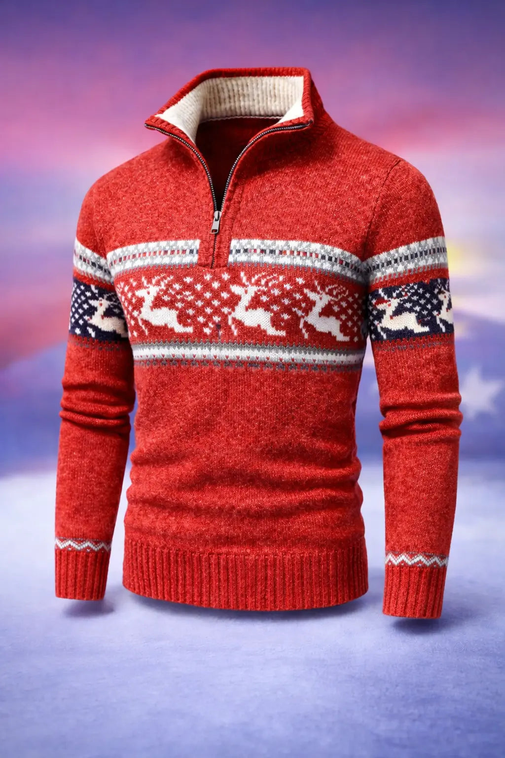 Męski sweter z zamkiem pod szyją – wzór norweski, stójka – Czerwony