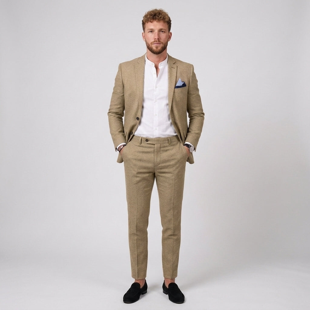 Męski garnitur lniany slim fit – marynarka i zwężane spodnie – Żółty