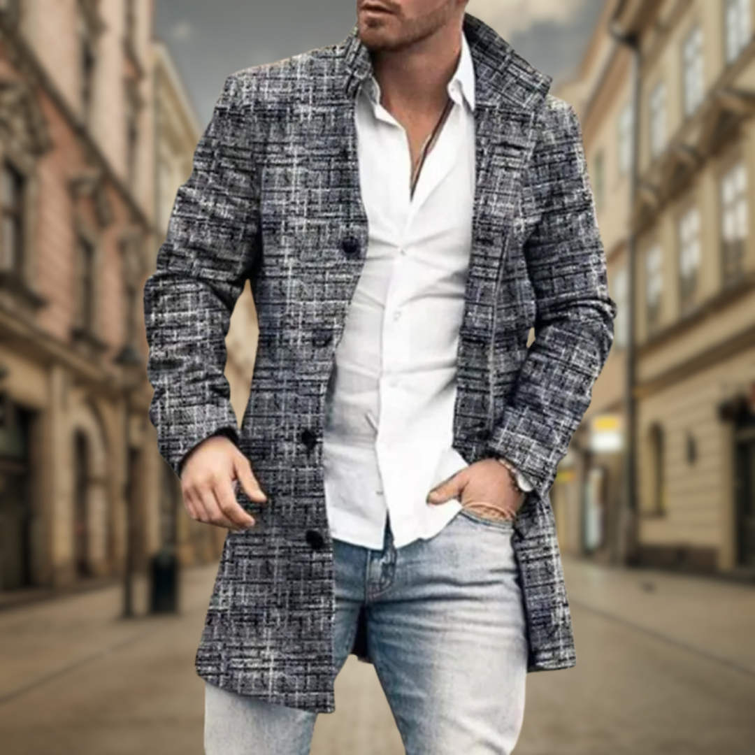 Męski płaszcz elegancki – klasyczny krój, zapinany na guziki – Szary melanż