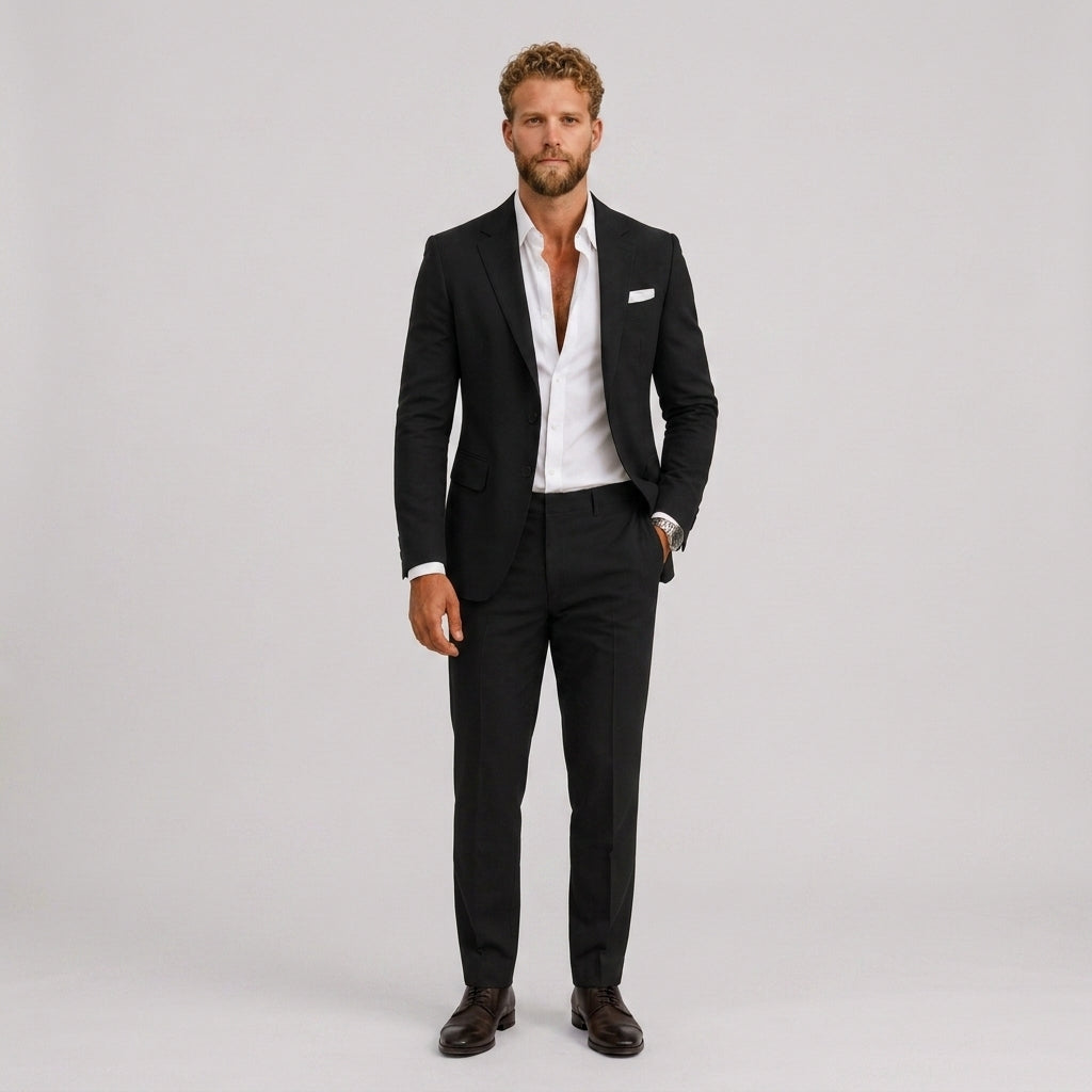 Męski garnitur lniany slim fit – elegancki krój na letnie okazje – Czarny
