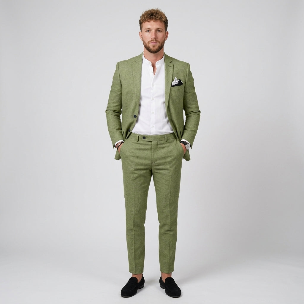 Męski garnitur lniany slim fit – marynarka i zwężane spodnie – Jasnozielony