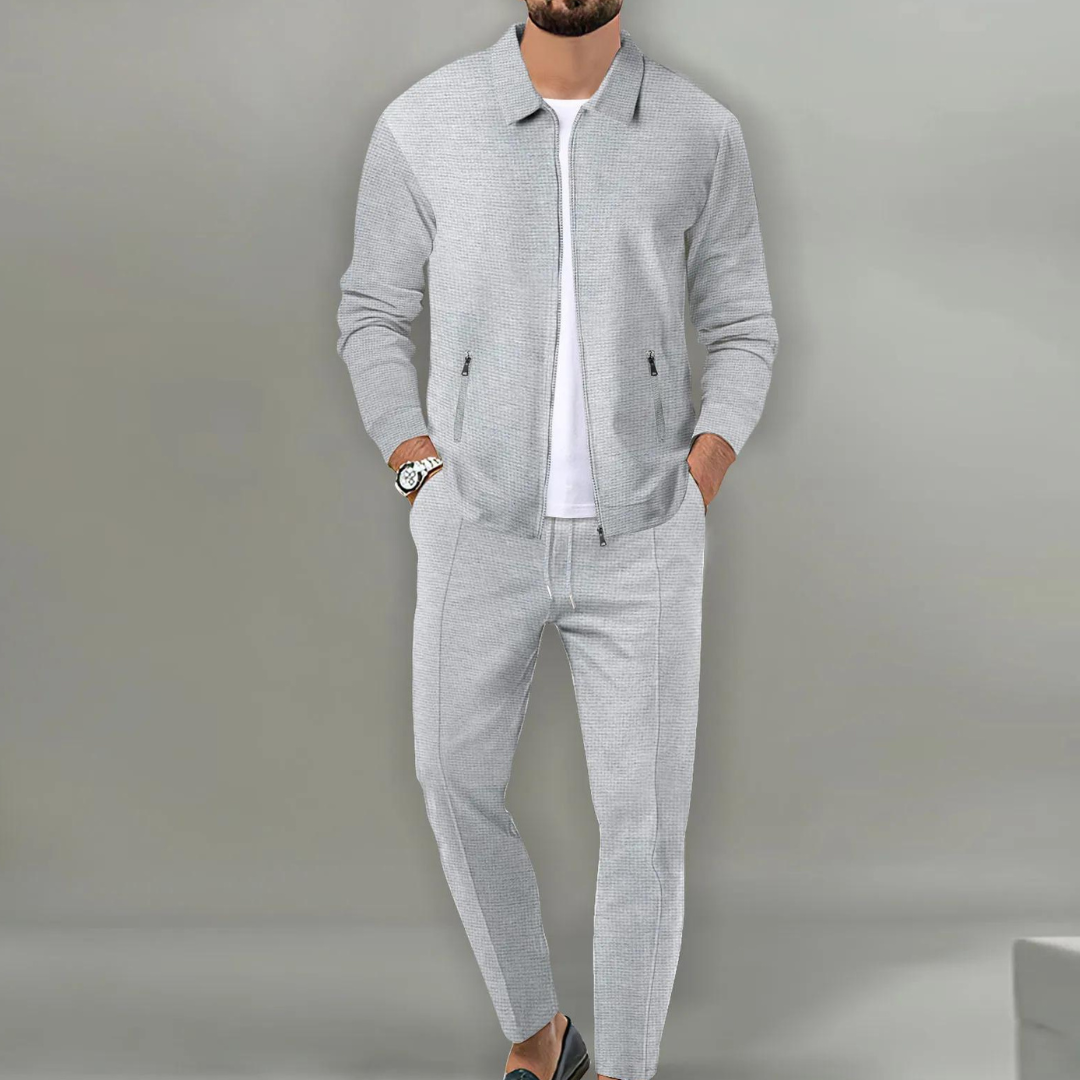 Męski dres dwuczęściowy – bluza i spodnie z kieszeniami na zamek – Szary