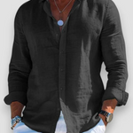 Męska koszula lniana casual – lekka, dopasowany krój – Czarny