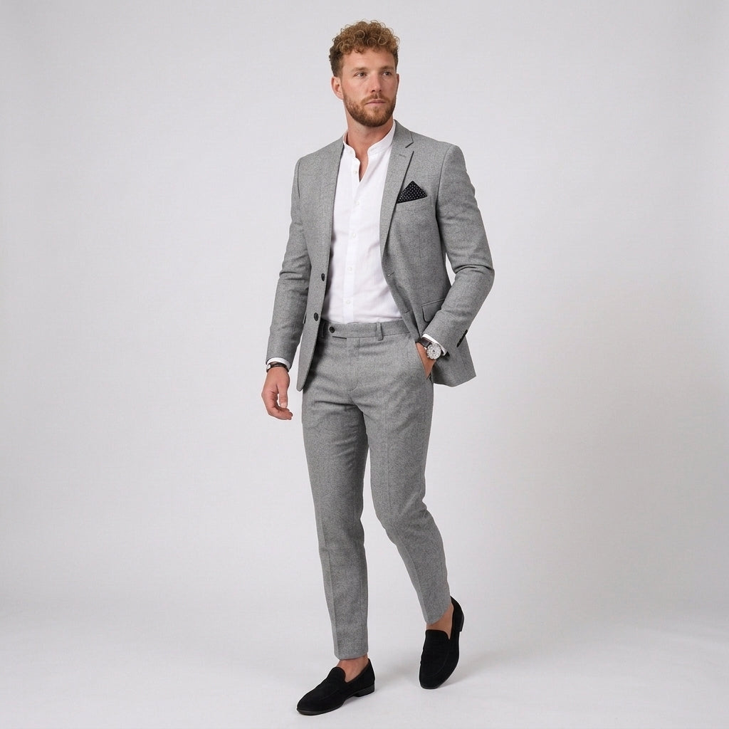 Męski garnitur lniany slim fit – marynarka i zwężane spodnie – Szary