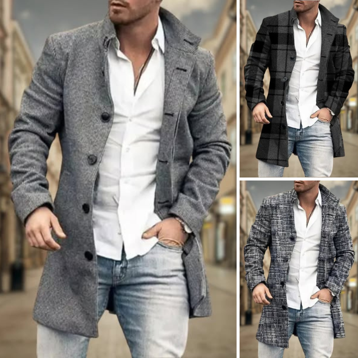 Męski płaszcz elegancki – klasyczny krój, zapinany na guziki – zdjęcie 3