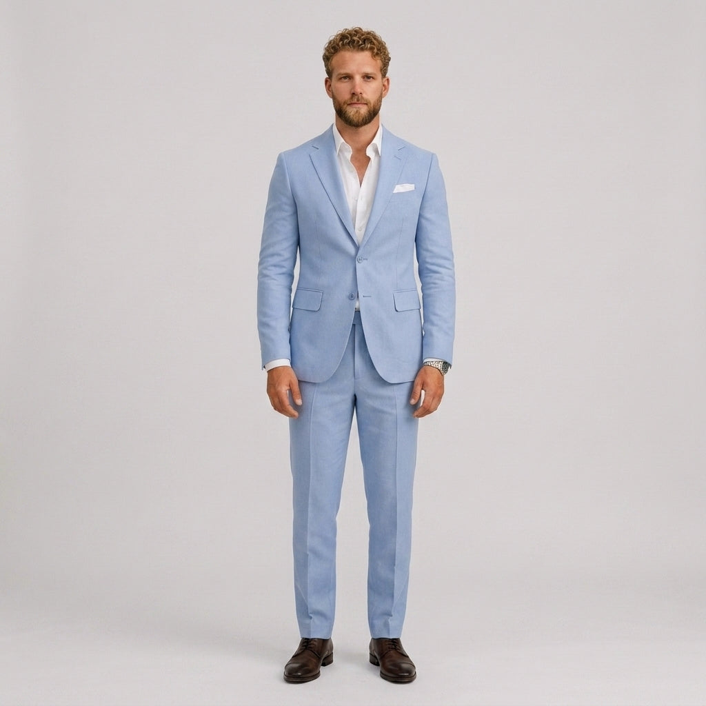 Męski garnitur lniany slim fit – elegancki krój na letnie okazje – Błękitny