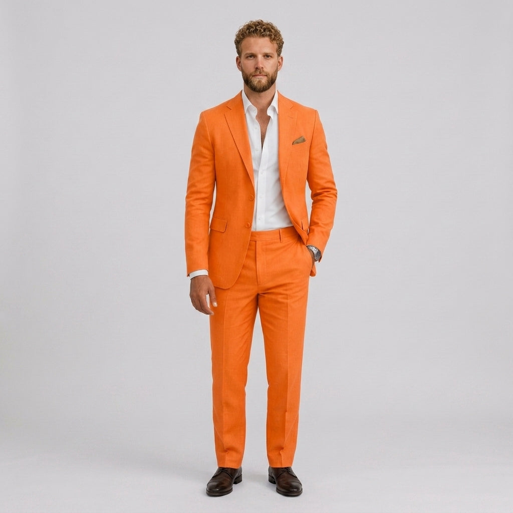 Męski garnitur lniany slim fit – elegancki krój na letnie okazje – Mandarynkowy