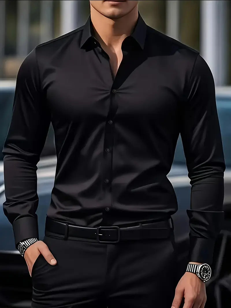 Męska koszula slim fit z długim rękawem – przewiewna, niegnąca się – Czarny