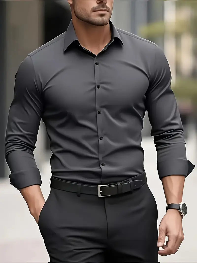 Męska koszula slim fit z długim rękawem – przewiewna, niegnąca się – Ciemnoszary