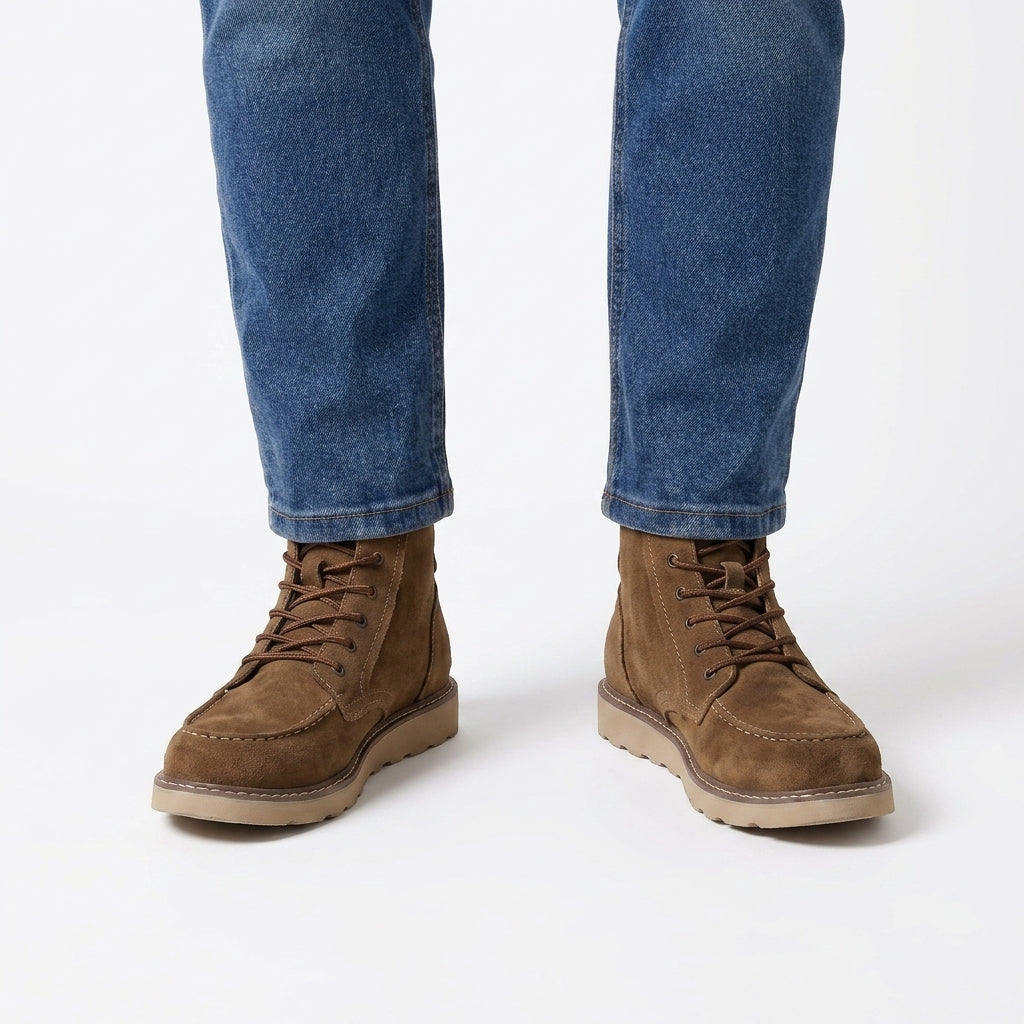 Męskie buty za kostkę moc toe – zamszowe wykończenie, biała podeszwa – Jasnobrązowy