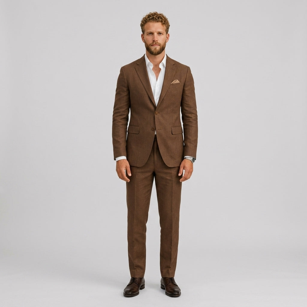 Męski garnitur lniany slim fit – elegancki krój na letnie okazje – Czekoladowy