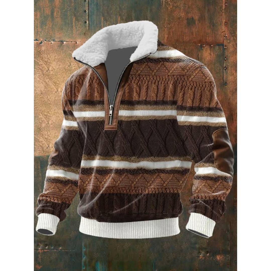 Męski sweter polarowy z wysokim kołnierzem – podszyty kołnierz – Brązowo-biały