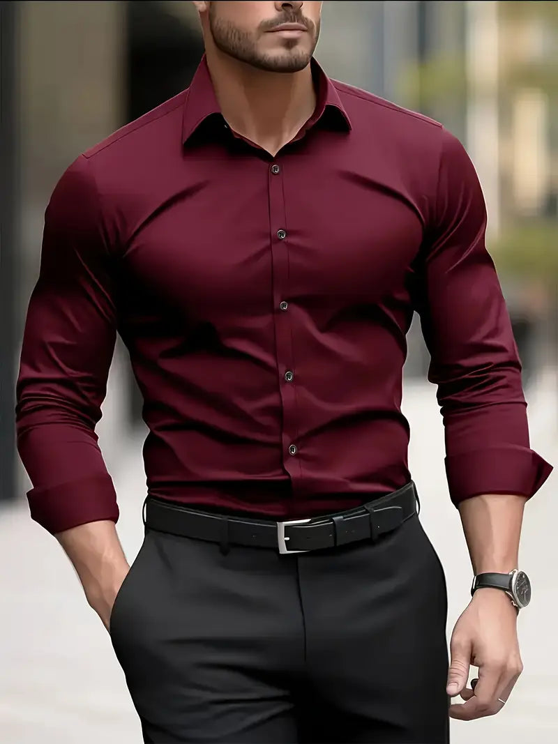 Męska koszula slim fit z długim rękawem – przewiewna, niegnąca się – Bordowy