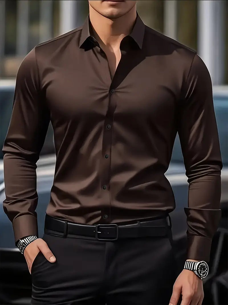 Męska koszula slim fit z długim rękawem – przewiewna, niegnąca się – Kawowy