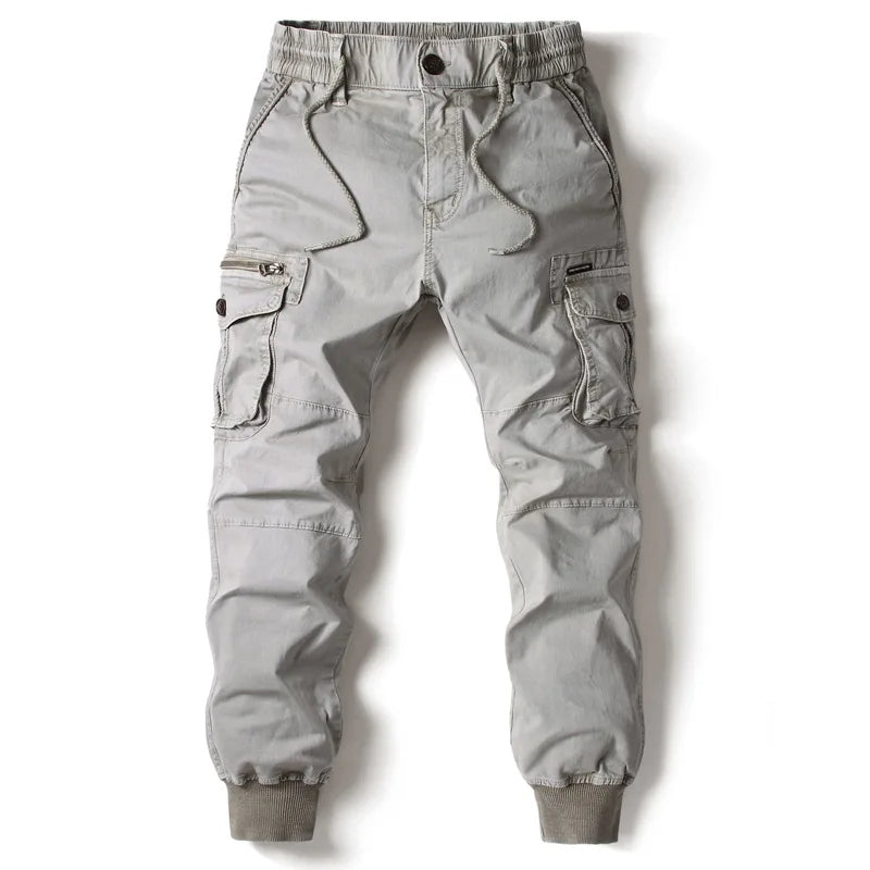 Męskie joggery cargo – kieszenie na zamek, elastyczny pas – Szary