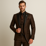 Męski garnitur trzyczęściowy slim fit – czarne klapy w szpic – Kawowy