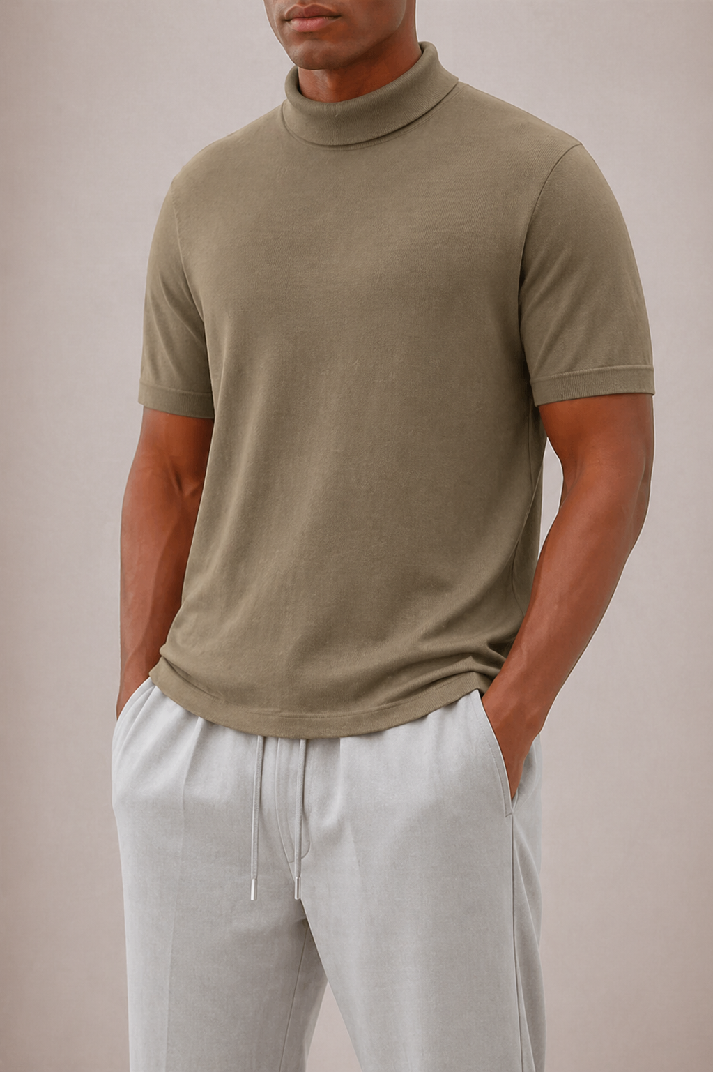 Męski T-shirt z golfem – krótki rękaw, dopasowany krój – Khaki